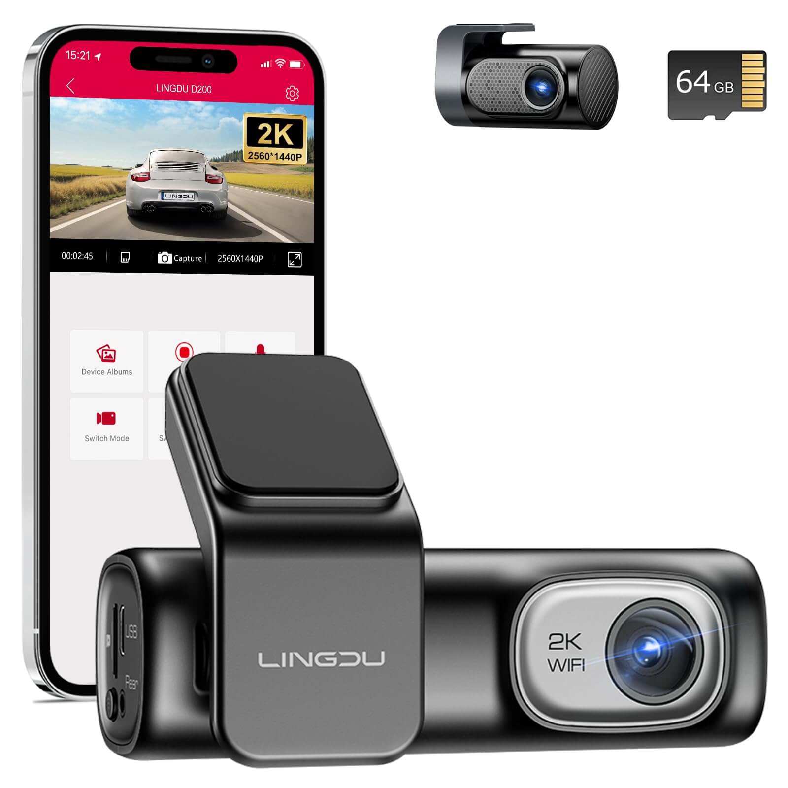 LINGDU D200 2CH Dash Cam 2K with 0.96" Screen Voice Control 24H Parking Mode