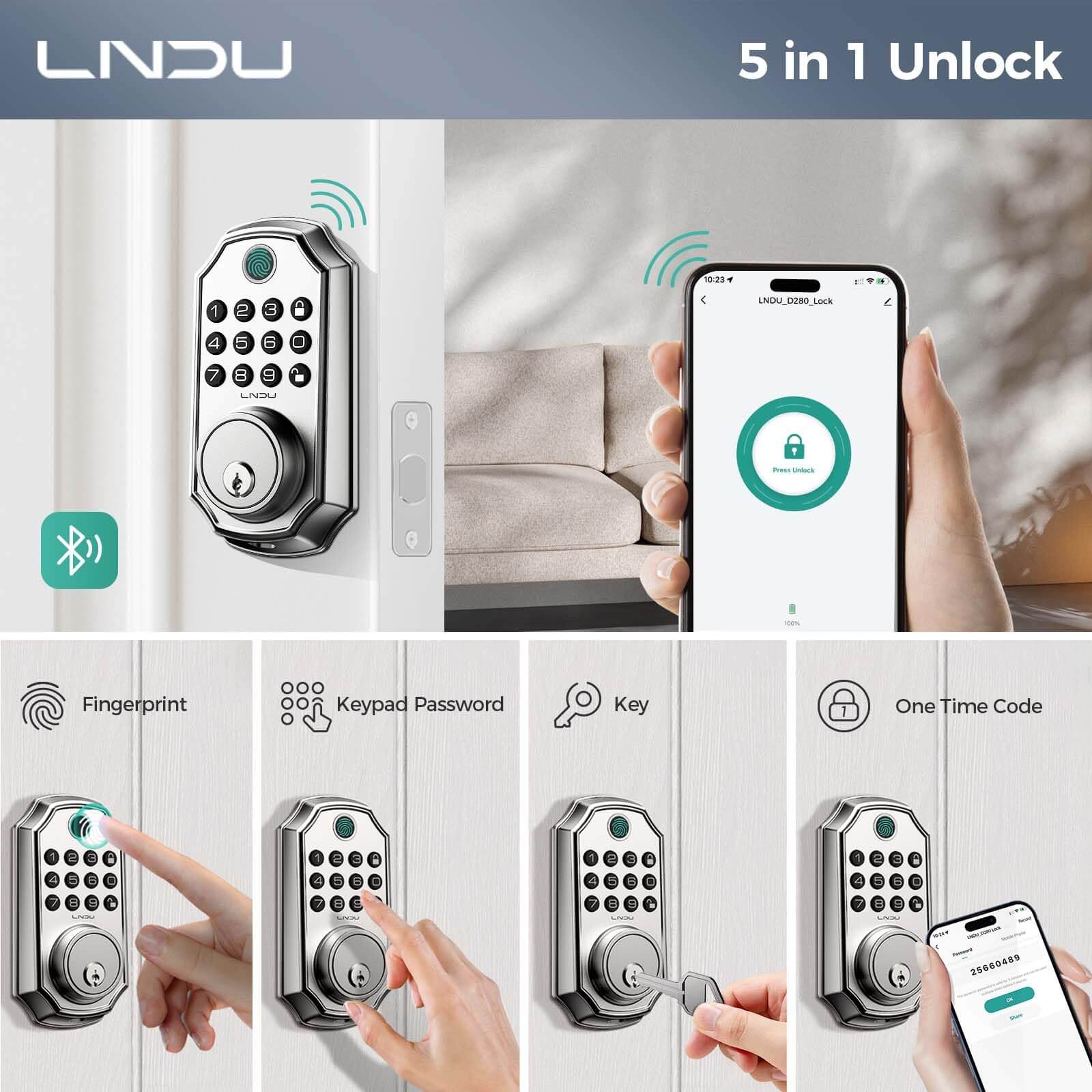 LNDU D280 Keyless Entry Door Lock with App Control Fingerprint Unlock