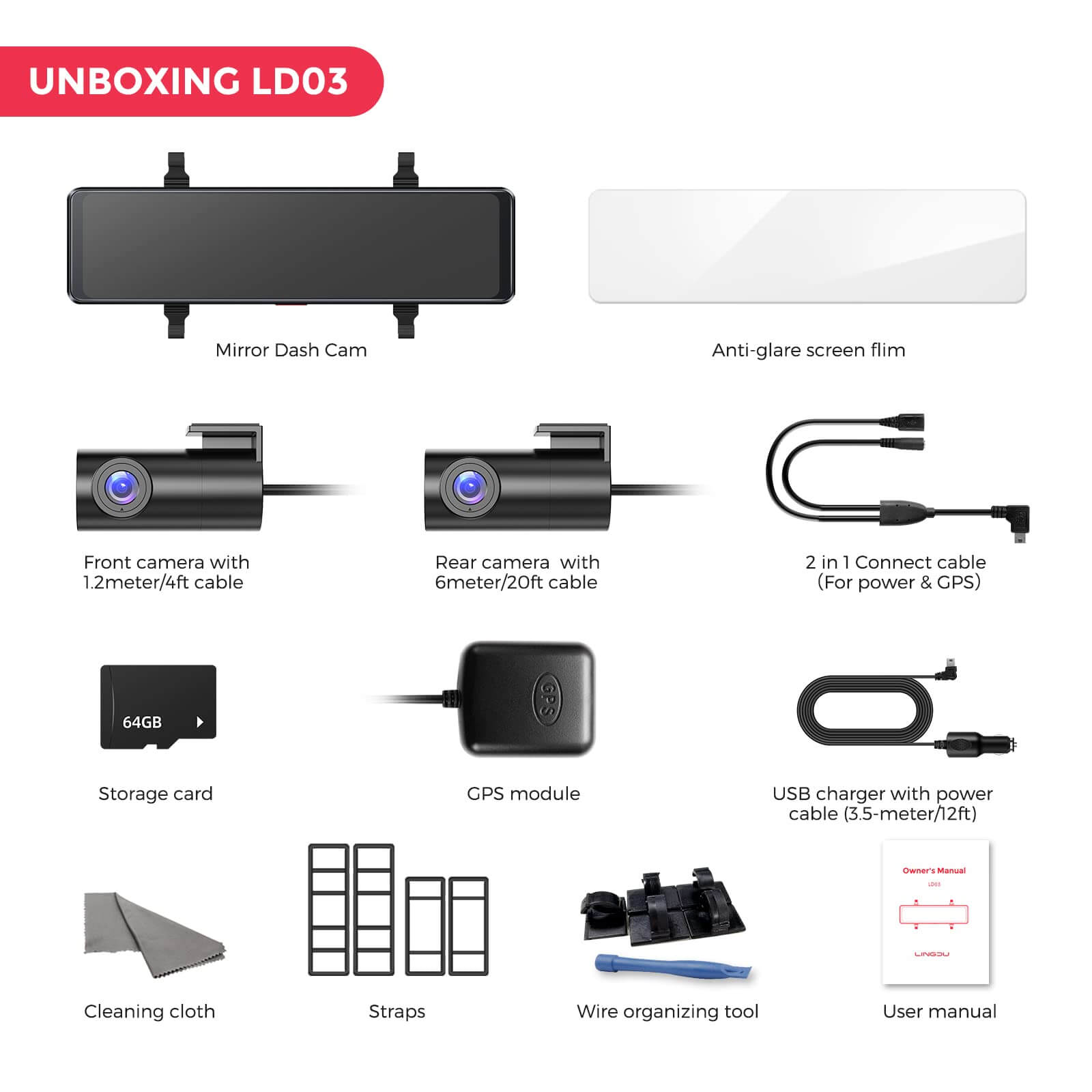 LINGDU LD03 2CH Mirror Dash Cam FHD 1080P with 12