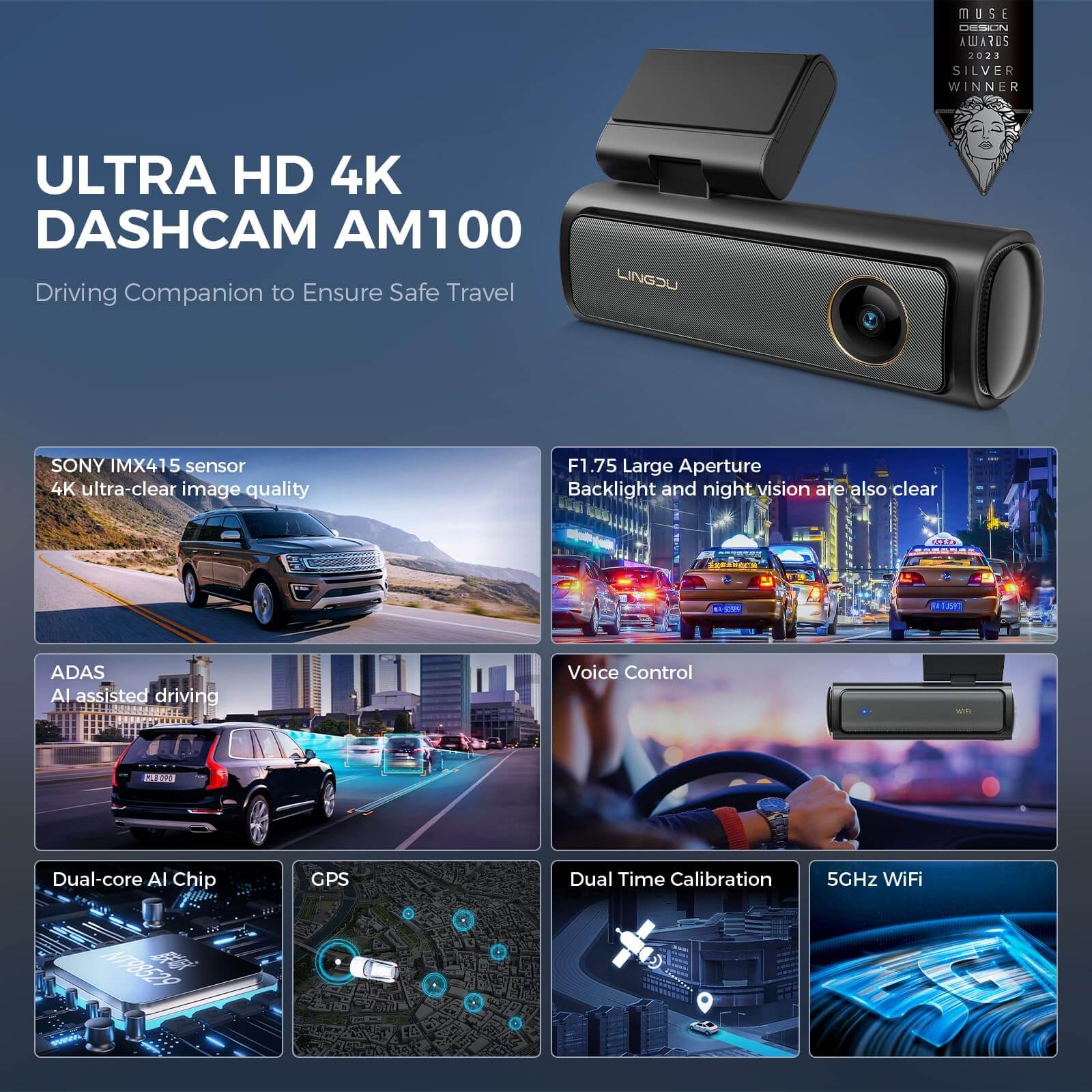 LINGDU AM100 1CH Dash Cam 4K with ADAS Voice Control 24H Parking Mode