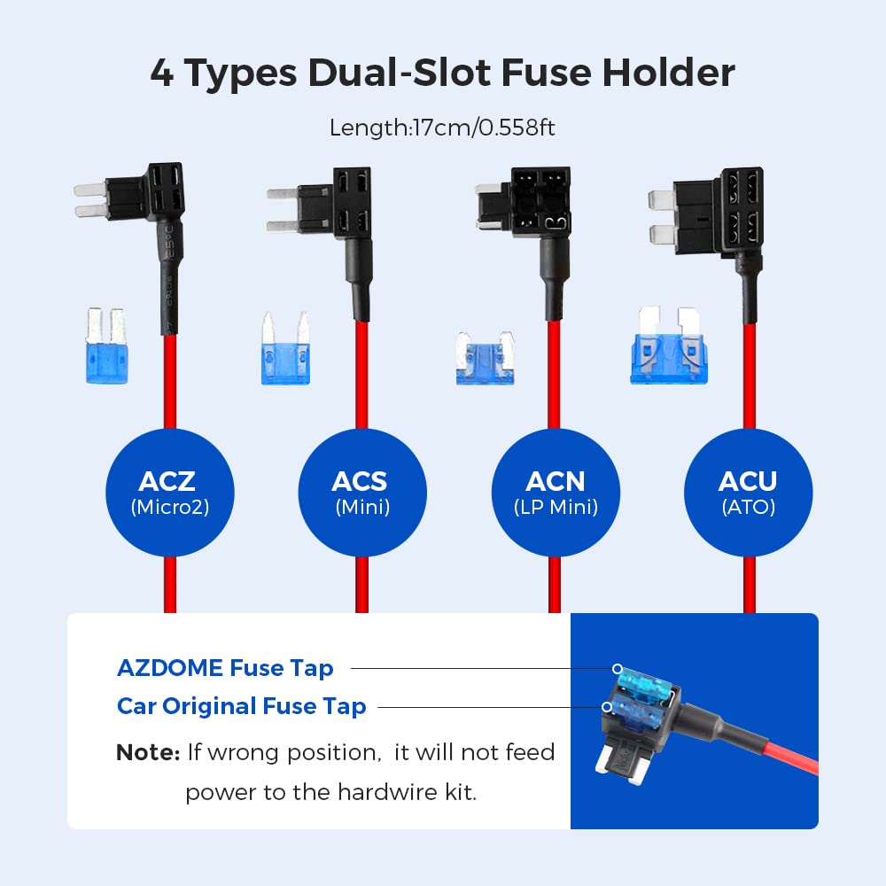 AZDOME JYX04 3-Lead Acc Hardwire Kit Micro-USB Port for M300S Dash Cam, 12ft with Fuse Kit